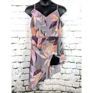 CITY CHIC Paradise Palm Asymmetrical Smocked Ruffle Tank Boho Tropical Size 16